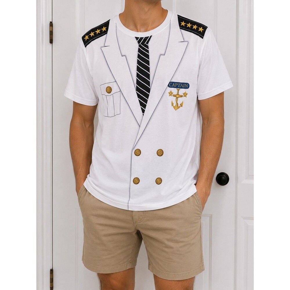 Captain Costume Graphic T-Shirt Men's White Nautical Cruise Ship Captain Tee